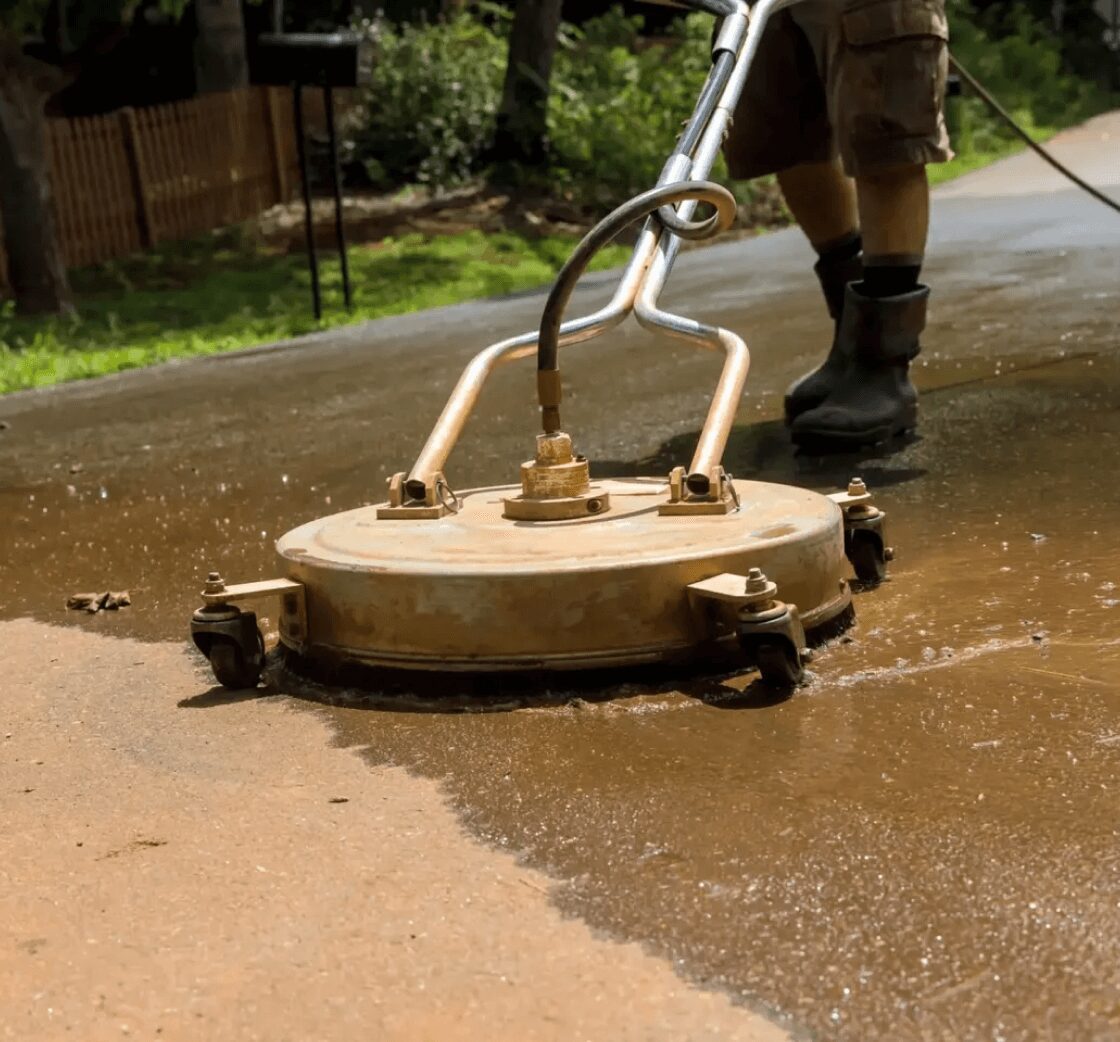 Pressure washing a concrete driveway with machine.